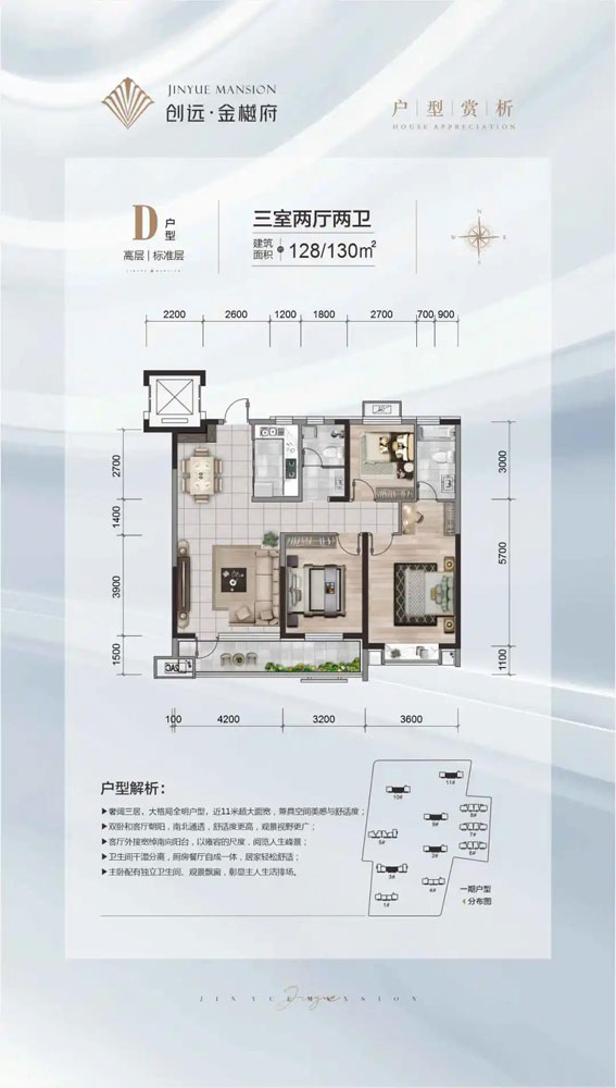 創(chuàng)遠(yuǎn)金樾府D戶型 128/130㎡ 三室兩廳兩衛(wèi)