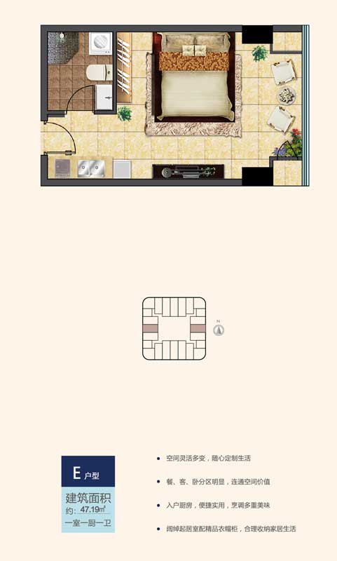 魯南新國際E戶型 47.19㎡ 一室一廚一衛(wèi)