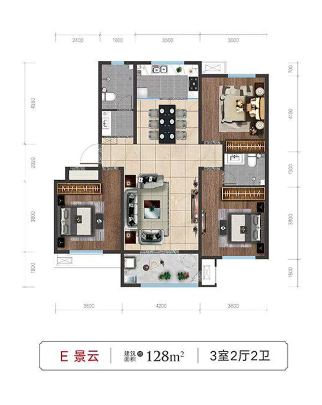 龍盛西園E戶型三室兩廳兩衛(wèi) 128㎡